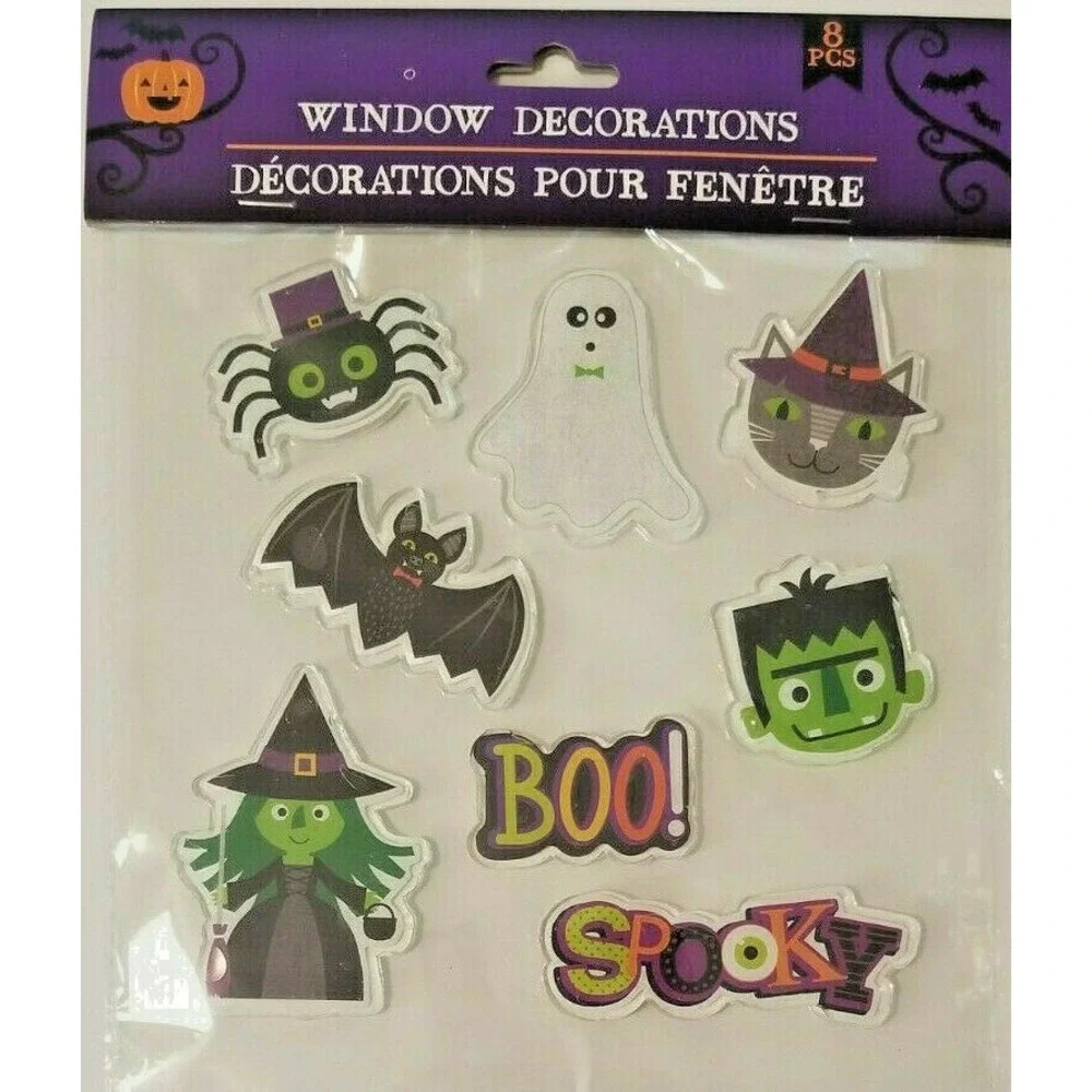 NEW HALLOWEEN 8‎ pc Window Gel Clings Decor Spooky BOO Witch Bat Ghost Monsters!